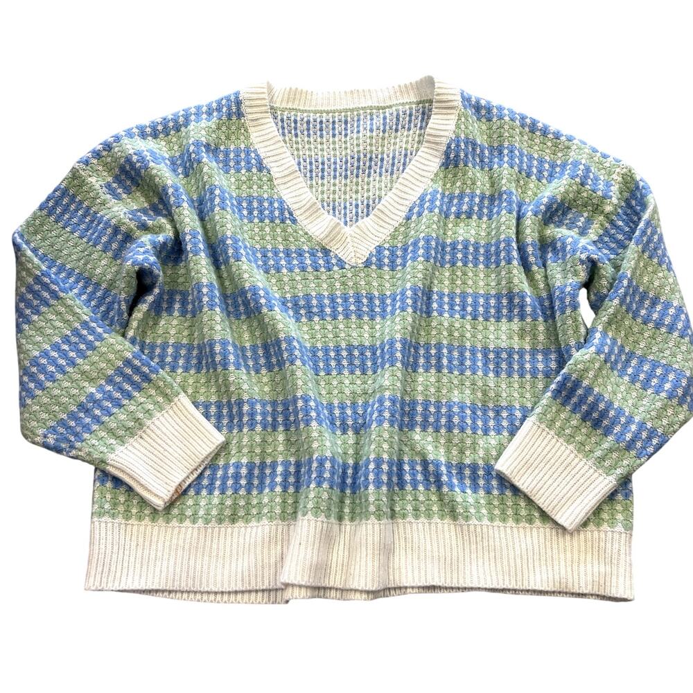 Women's Light Blue + Sage V-Neck Knit Sweater Size 2XL